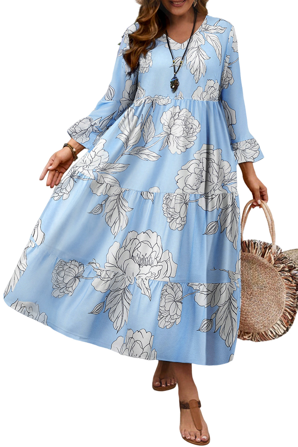 Light Blue Floral Bell Sleeve V Neck Tiered Midi Dress
