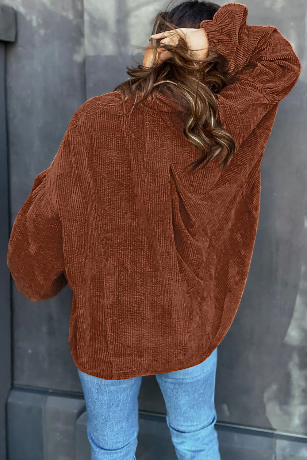 Coffee Corduroy Puff Sleeve Shacket