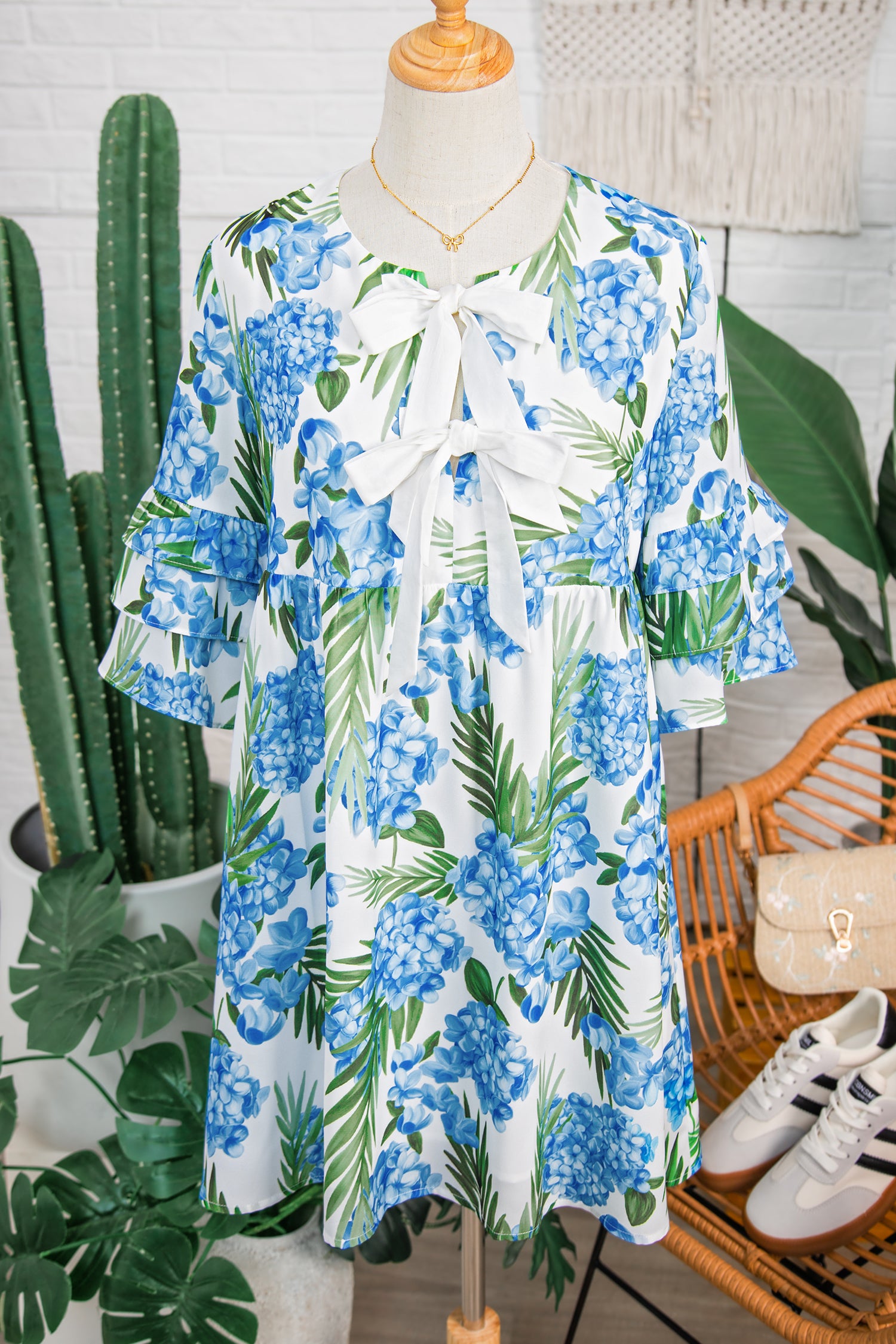 Sky Blue Floral Mini Dress – Ruffle Sleeve Tie Neck Summer Dress Dear-Lover Dropshipping Dresses/Floral Dresses