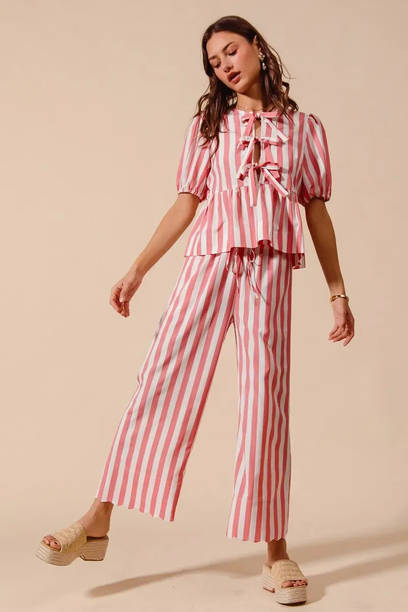 Pink Striped Pants Set Trendsi Front Tie Stripe Top With Puff Sleeves and Pants