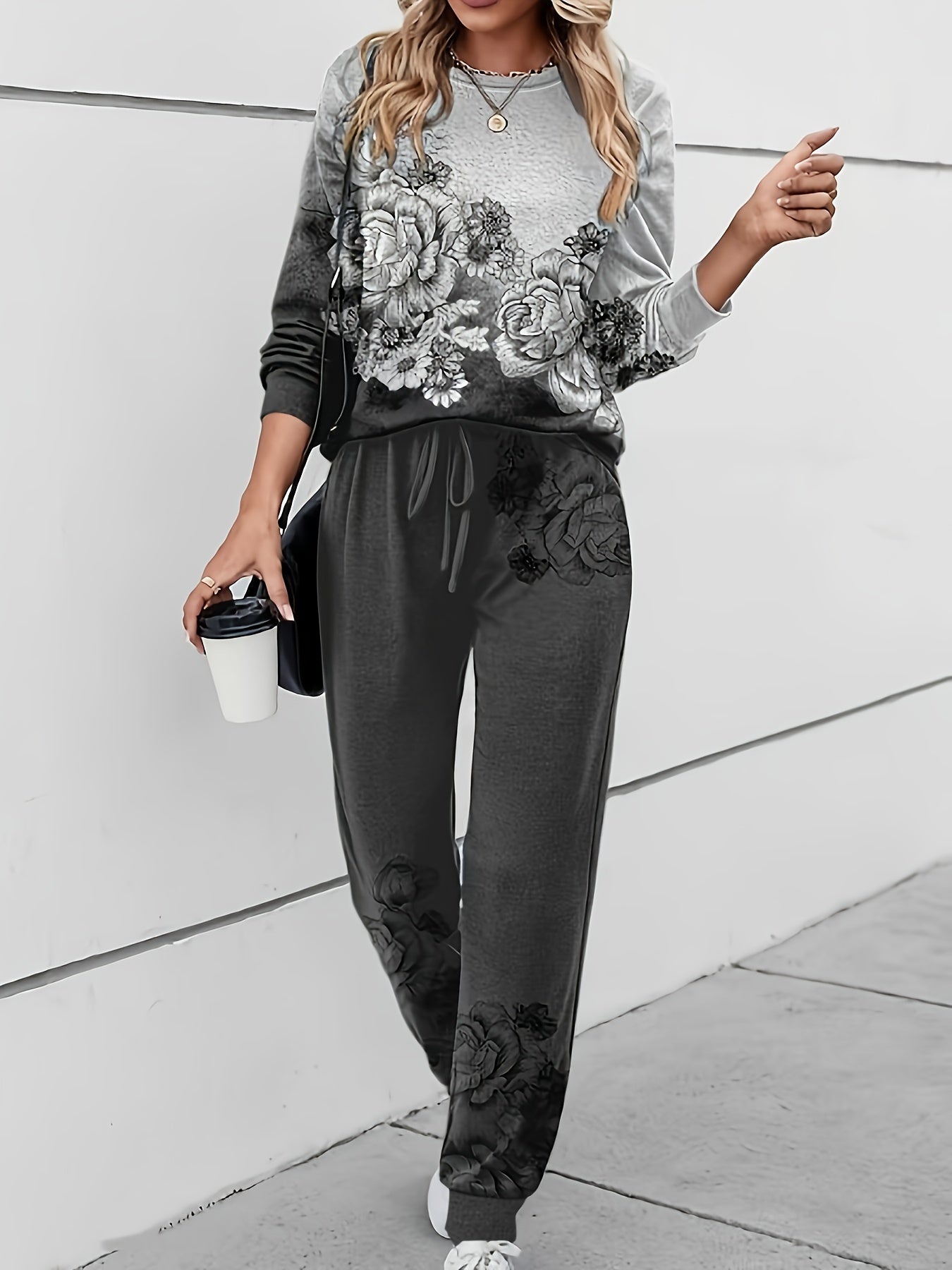 Plus Size Floral Print Casual Pants Set