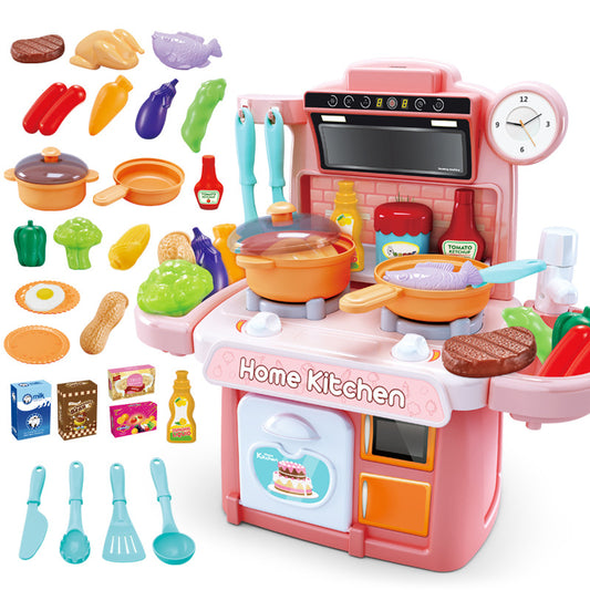 Pink Toy Kitchen with Fake Food and Pans