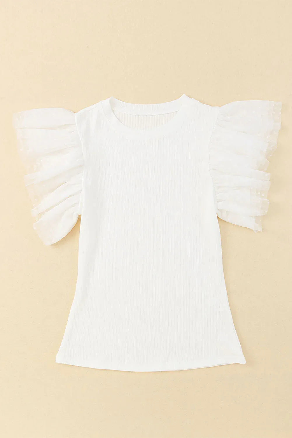 White Dotty Mesh Ruffle Sleeve Ribbed Knit Top Dear-Lover Dropshipping Tops/Tops & Tees
