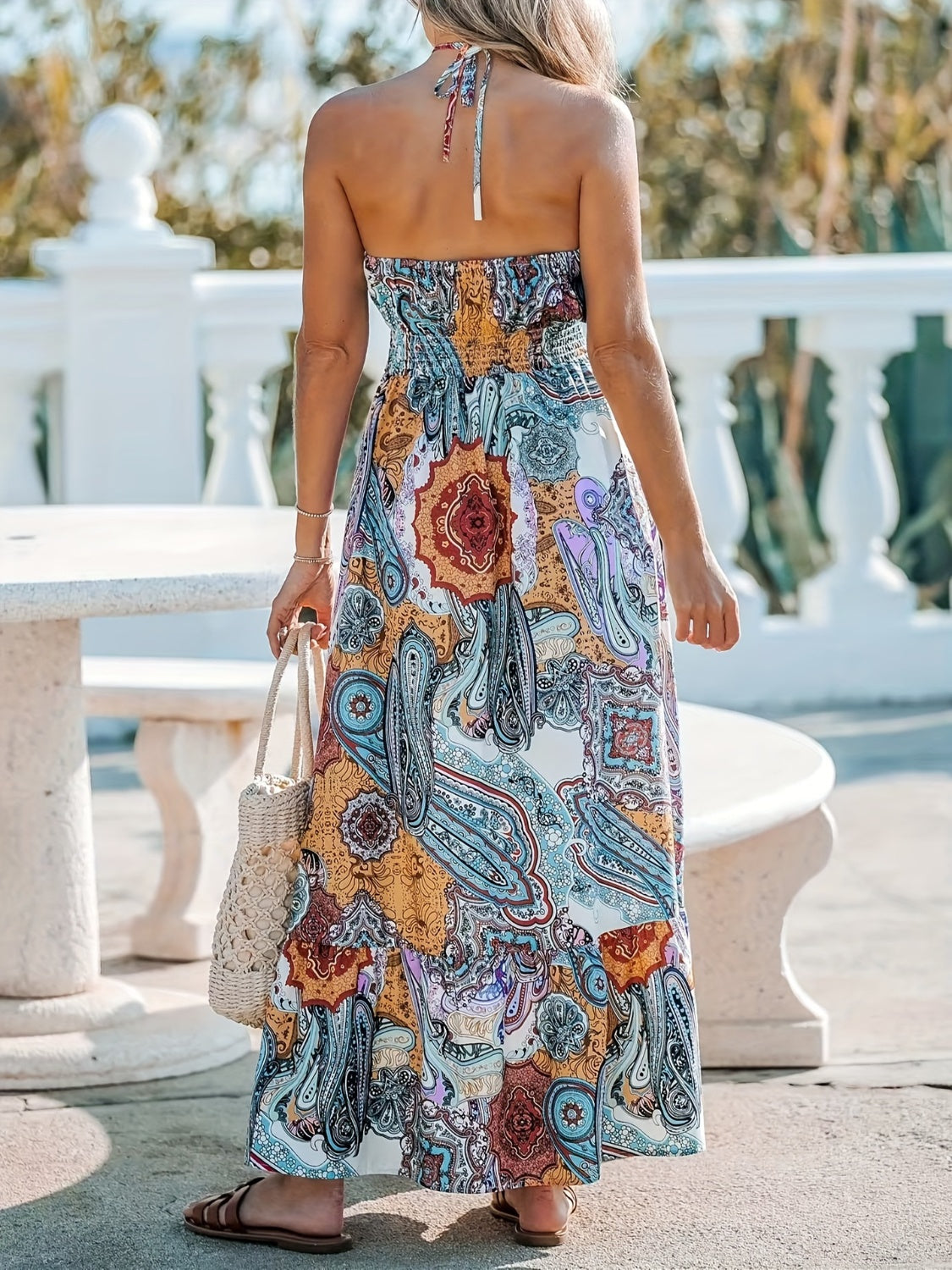 Mandala Printed Halter Maxi