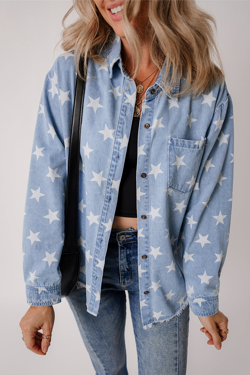 Blue Star Light Wash Raw Hem Denim Jacket
