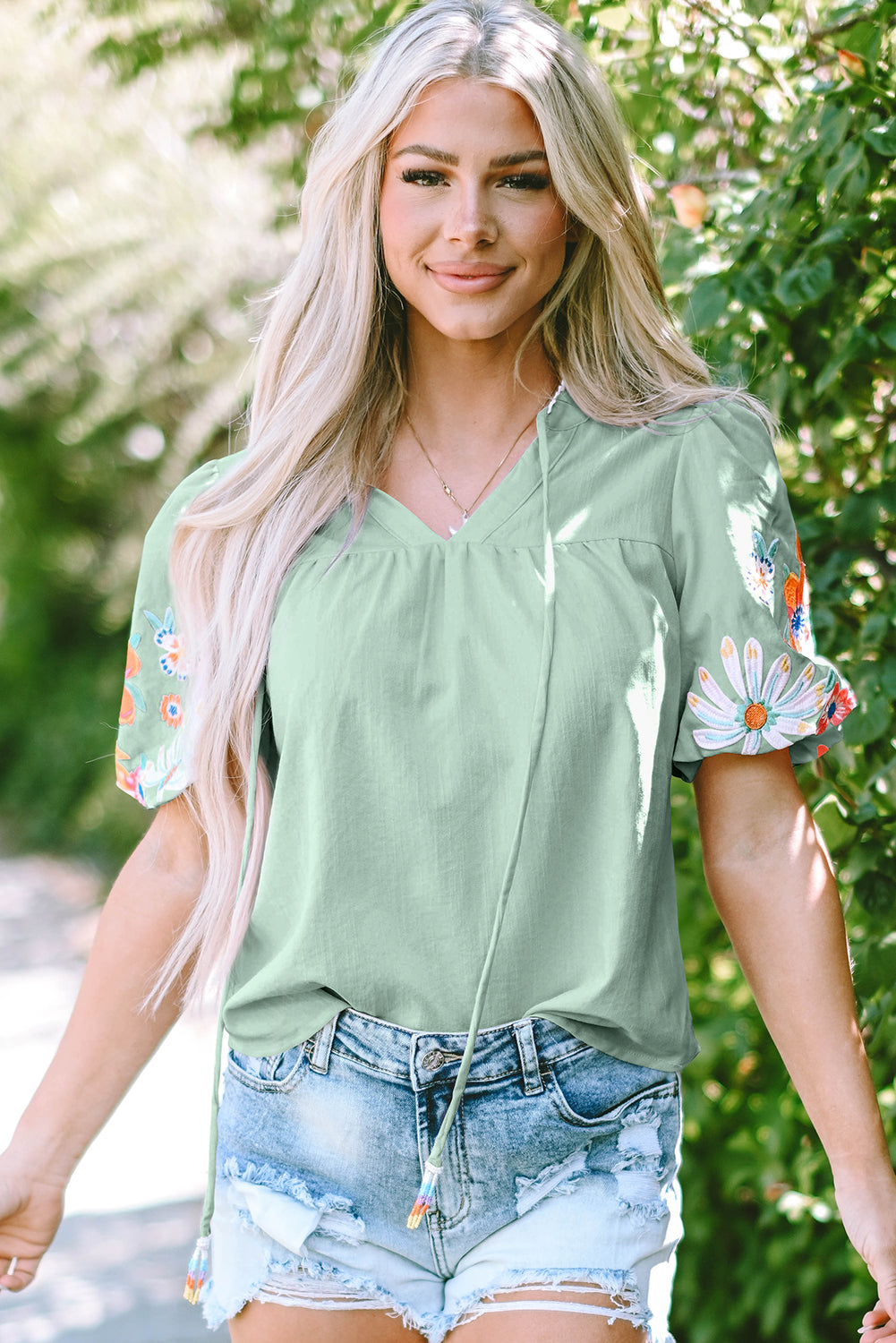 Green Floral Embroidered Puff Sleeve Split Neck Blouse