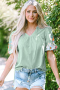 Green Floral Embroidered Puff Sleeve Split Neck Blouse Clearly Aqua 58%Viscose+37%Polyester+5%Polyamide Bazaare Mart Tops/Blouses & Shirts
