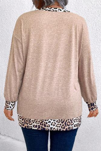 Parchment Leopard Hem V Neck Long Sleeve Top bazaare mart Plus Size/Plus Size Tops/Plus Size Long Sleeve Tops