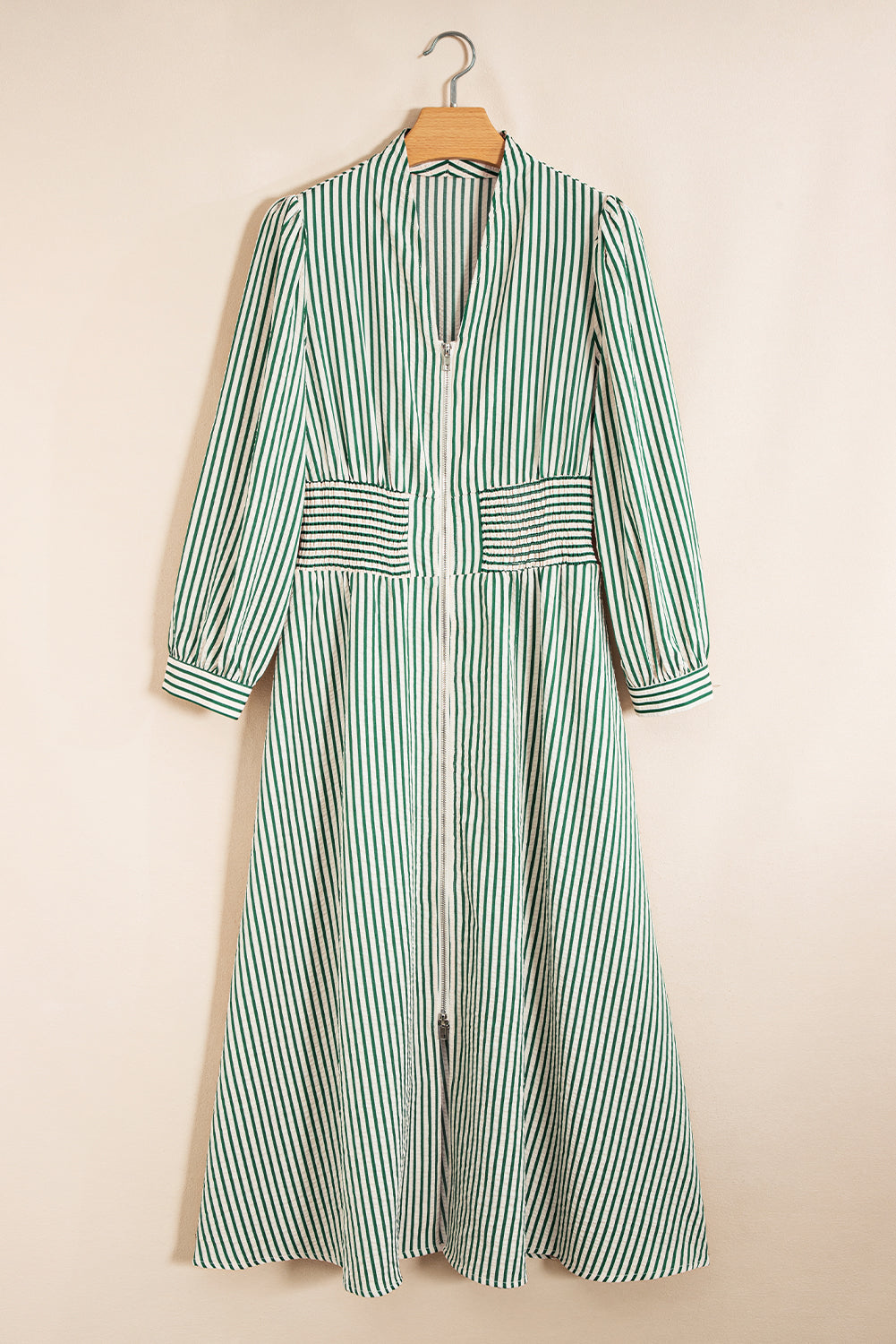 Green Striped V Neck Zip Midi Dress