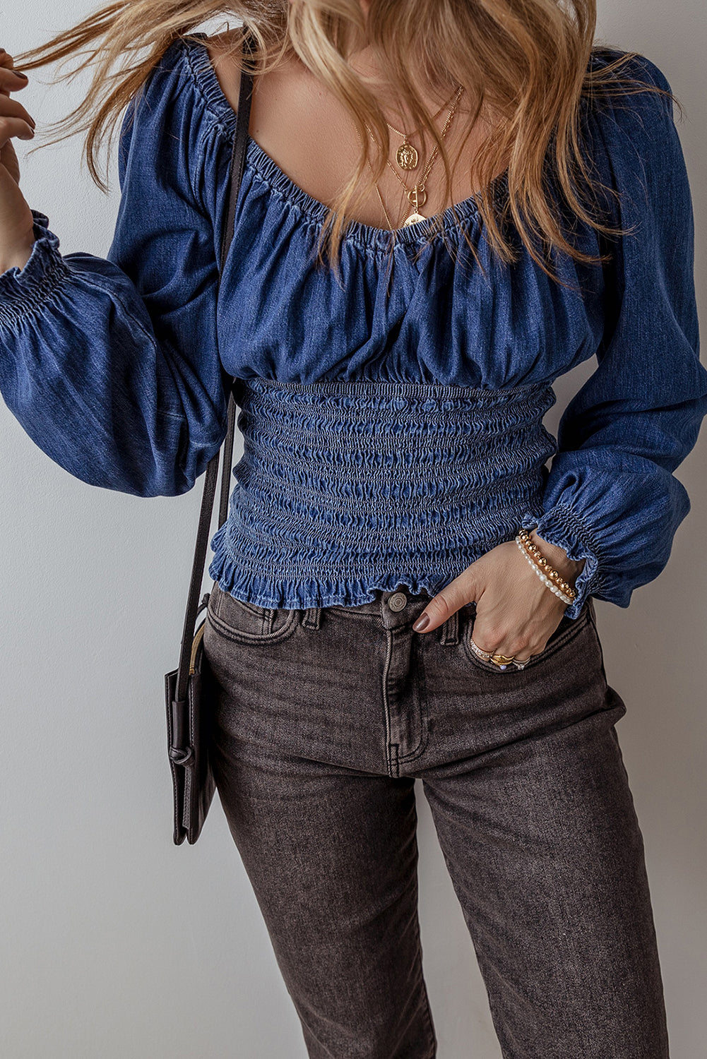 Dark Blue Smocked Ruffled Puff Long Sleeve Denim Blouse