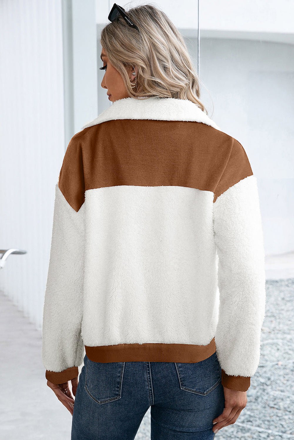 Brown & White Sherpa Corduroy Color Block Jacket