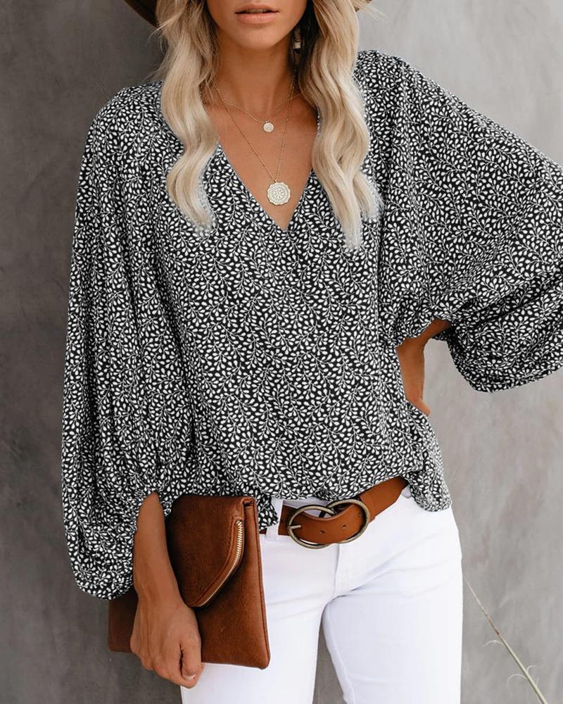 V-Neck Balloon Sleeve Floral Tops