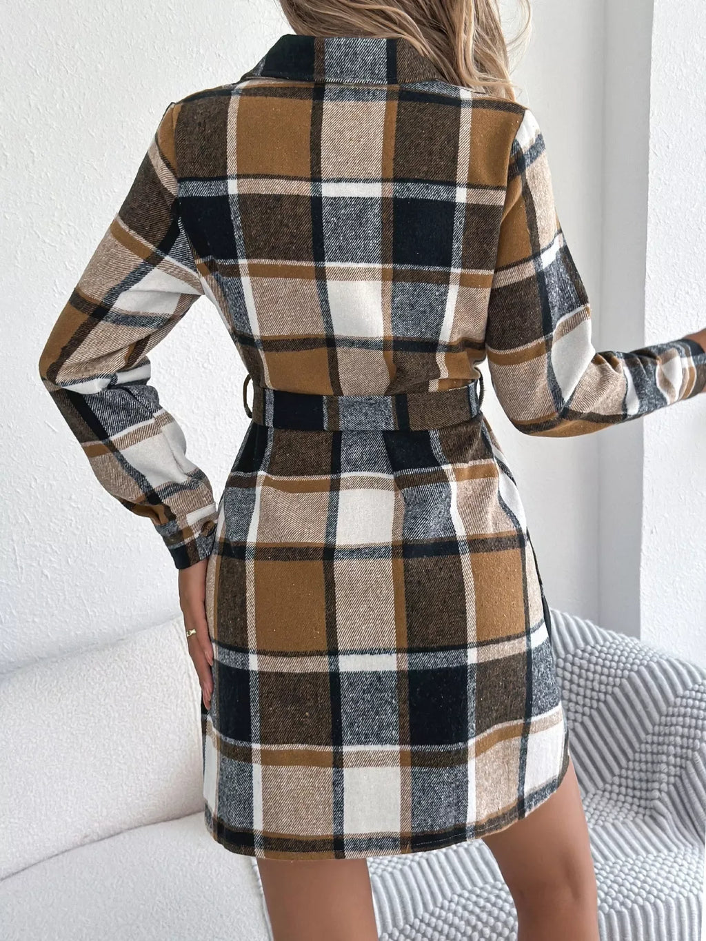 Plaid Button Front Tie Waist Mini Shirt Dress Bazaare Mart Plaid Long Sleeve Shirt Dress