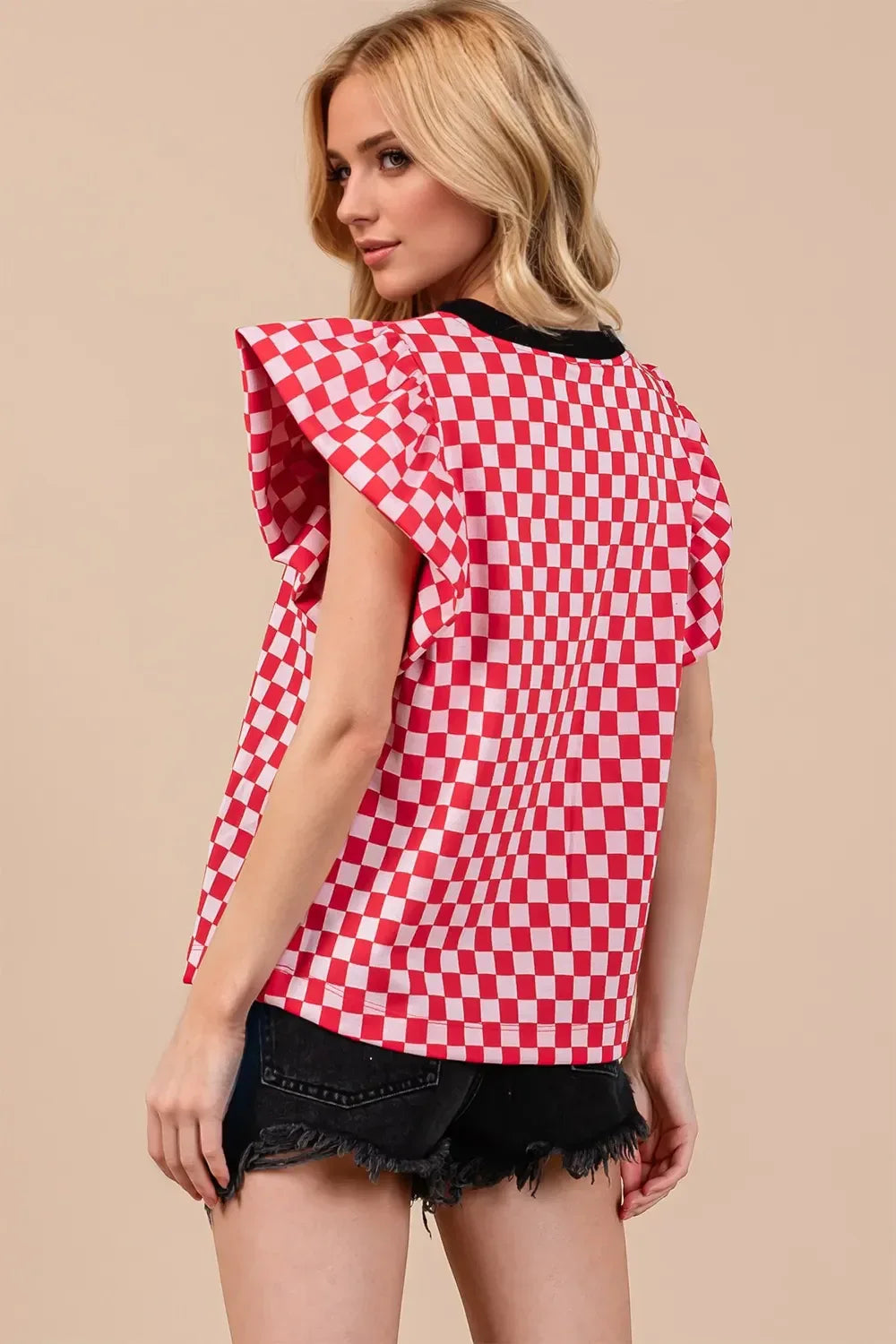 Oh Checkered Round Neck Flutter Sleeve Blouse Bazaare Mart Oh Checkered Round Neck Puff Sleeve Blouse