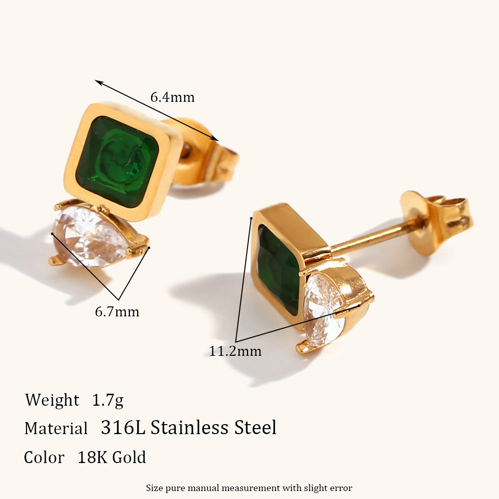 Gold Square Green Zirconium Earrings