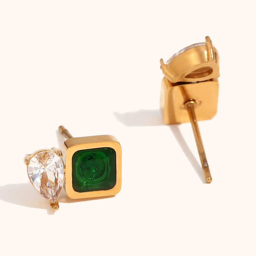 Gold Square Green Zirconium Earrings