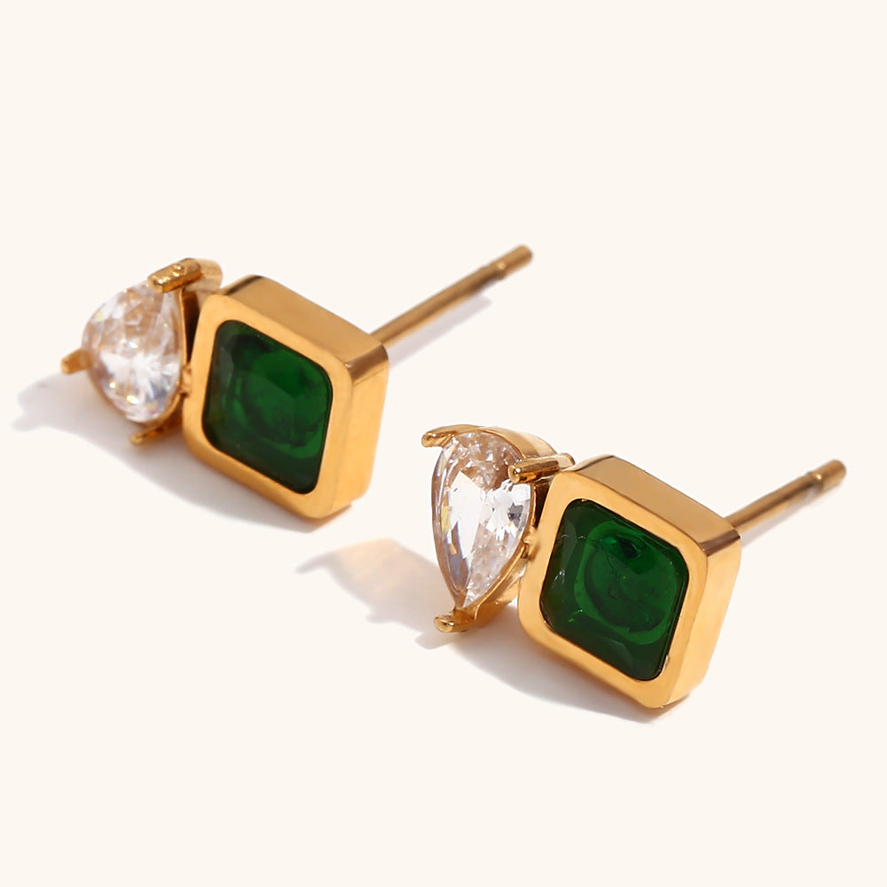 Gold Square Green Zirconium Earrings