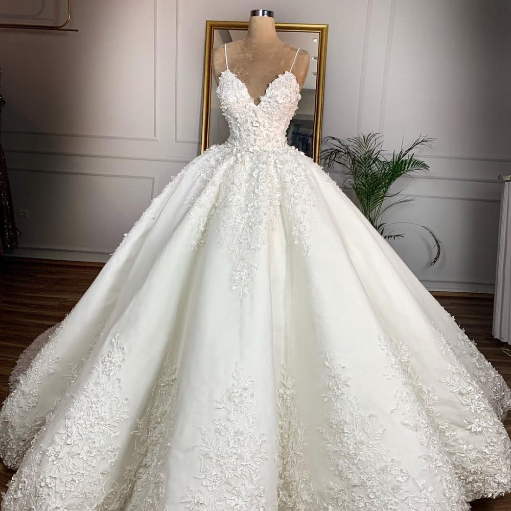 Deep V-neck Beaded Lace Formal Wedding Gown