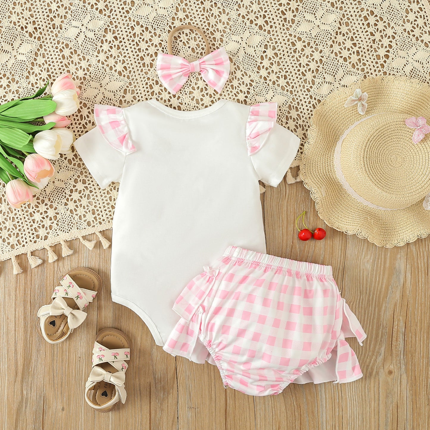 Baby Pink Plaid Short Skirt 3pc Set