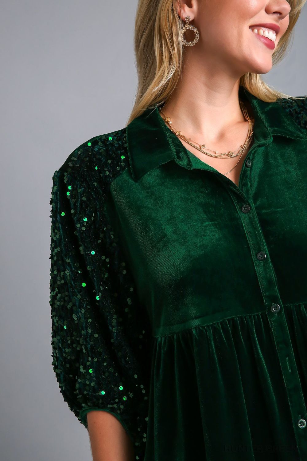 Umgee Sequin Detail Tiered Back Half Sleeve Green Velvet Shirt