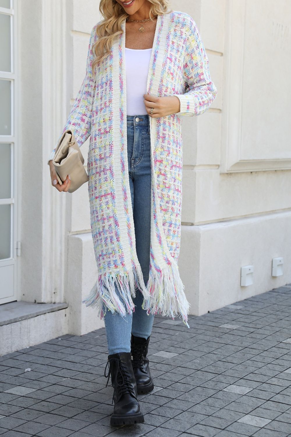 Multicolor Open Front Fringe Hem Duster Cardigan