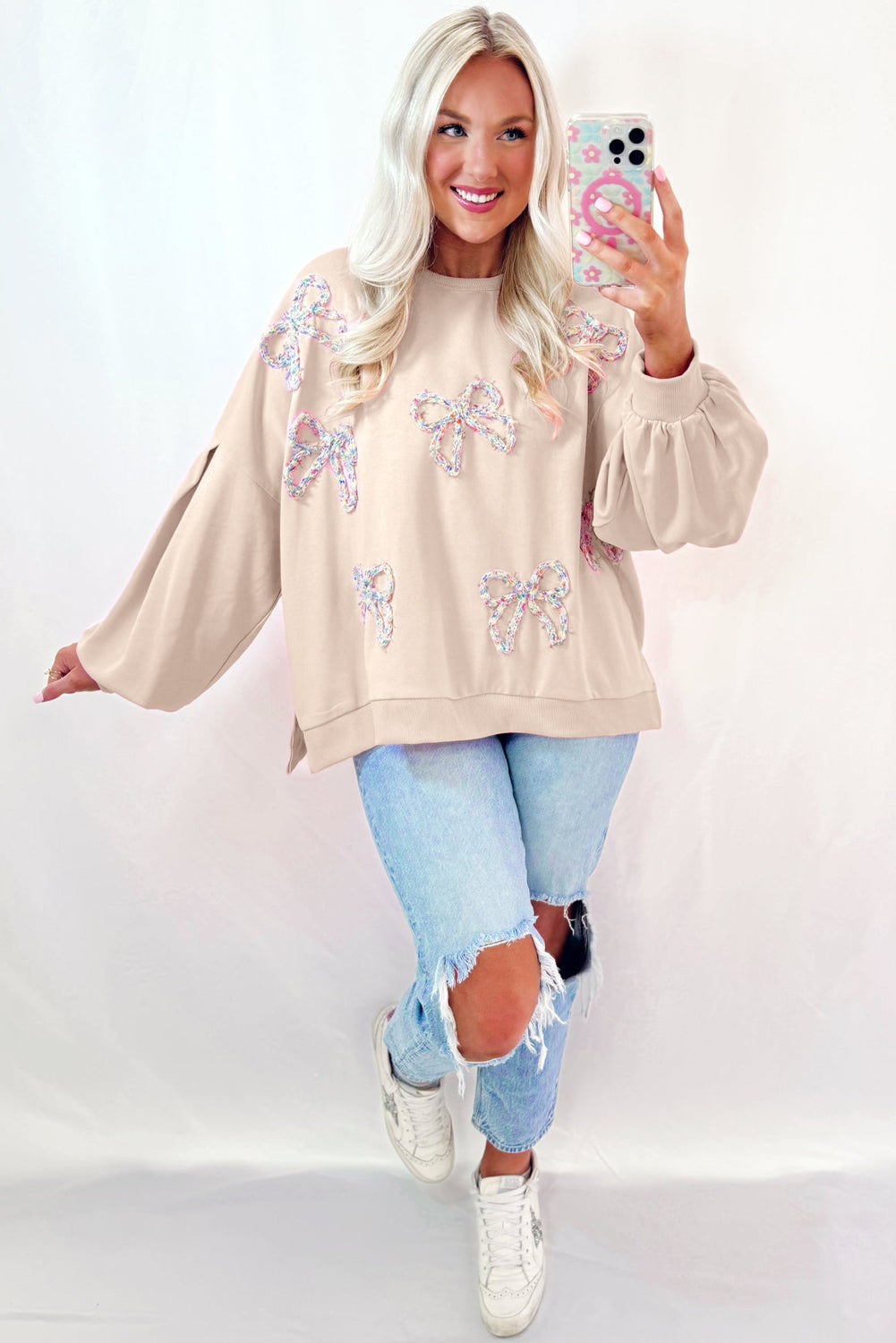 Parchment Embroidered Bow Lantern Sleeve Sweatshirt
