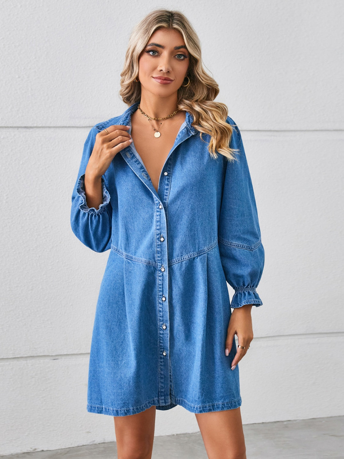 Button Up Flounce Long Sleeve Denim Dress