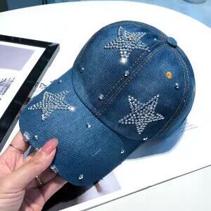 Distressed Denim Rhinestone Baseball Cap