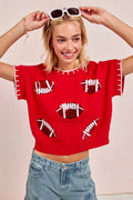 BiBi Gameday Sequin Football Embroidered Stitch Sweater RED WHITE Trendsi Football Shirt