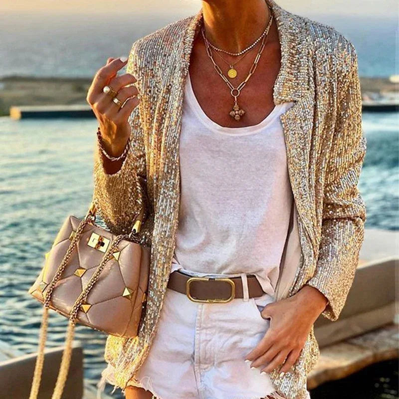 Gold Open Front Sequin Blazer Gold Bazaare Mart Gold Sequin Jacket