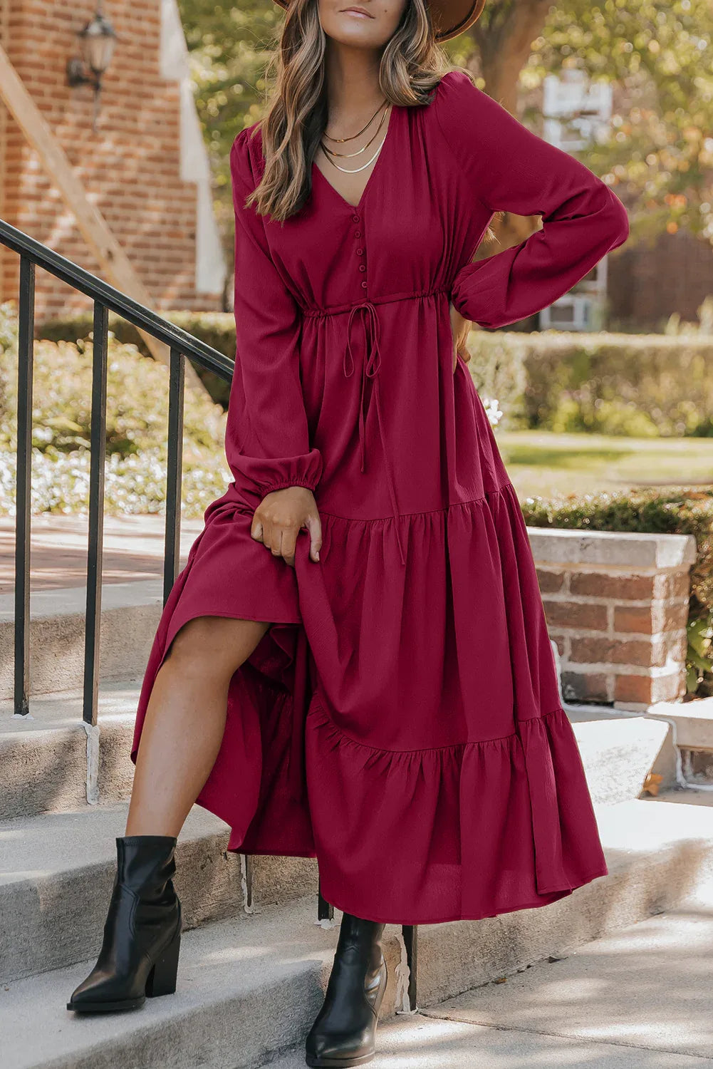 Burgundy Tiered Long Sleeve V Neck Maxi Dress Burgundy 100%Polyester Bazaarre Mart Dresses/Maxi Dresses
