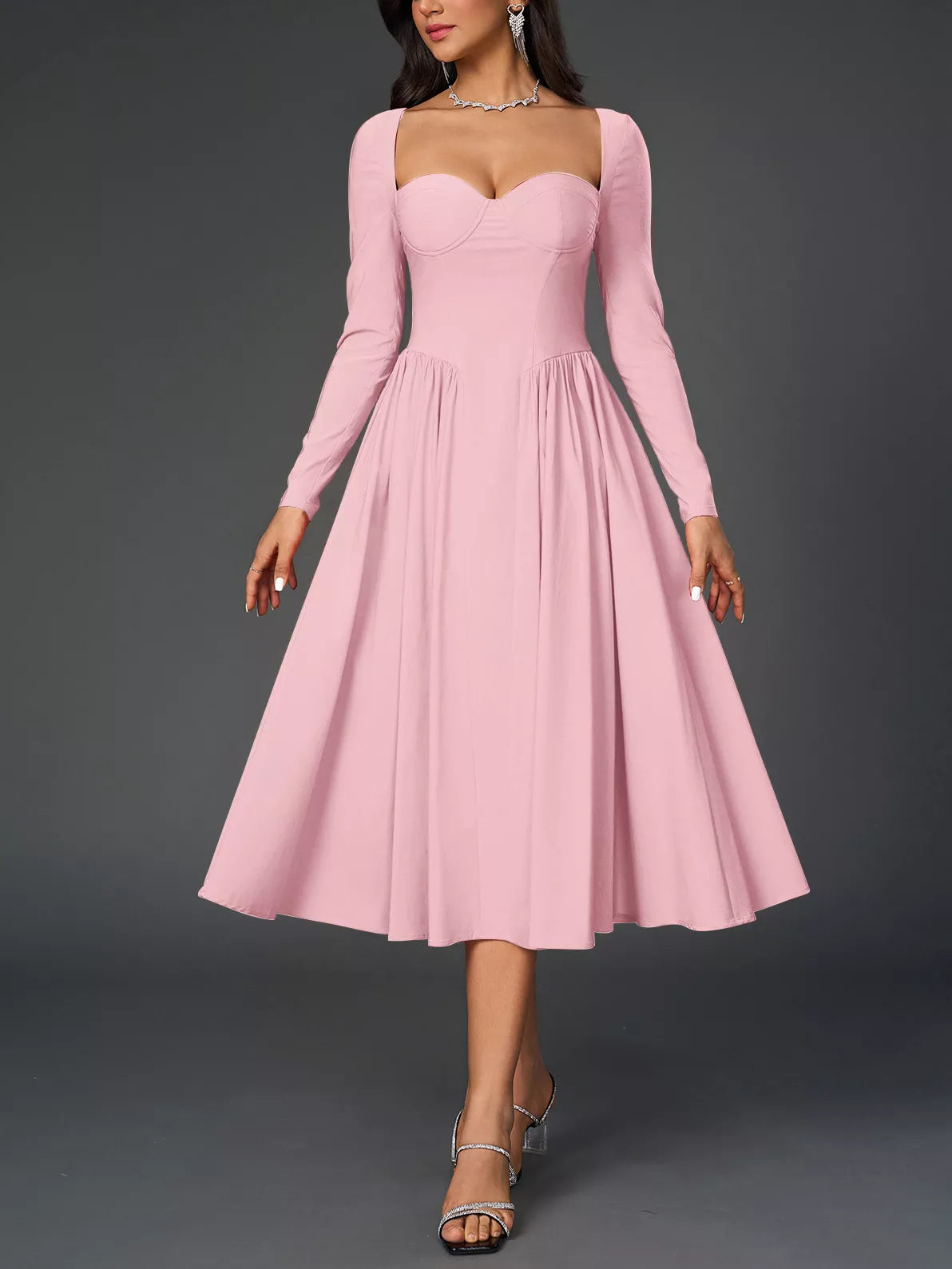 Sweetheart Neckline Long Sleeve A-Line Midi Dress Pink Trendsi Sweetheart Neckline Long Sleeve A-Line Midi