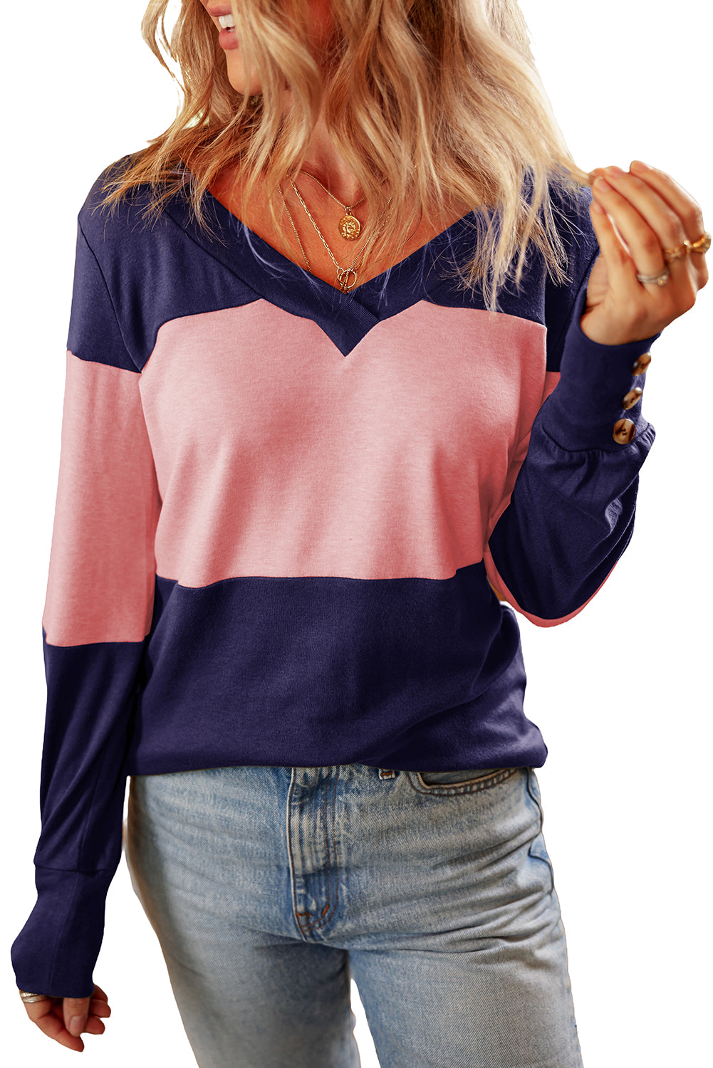 Navy & Pink Stripe Colorblock Long Sleeve V Neck Top