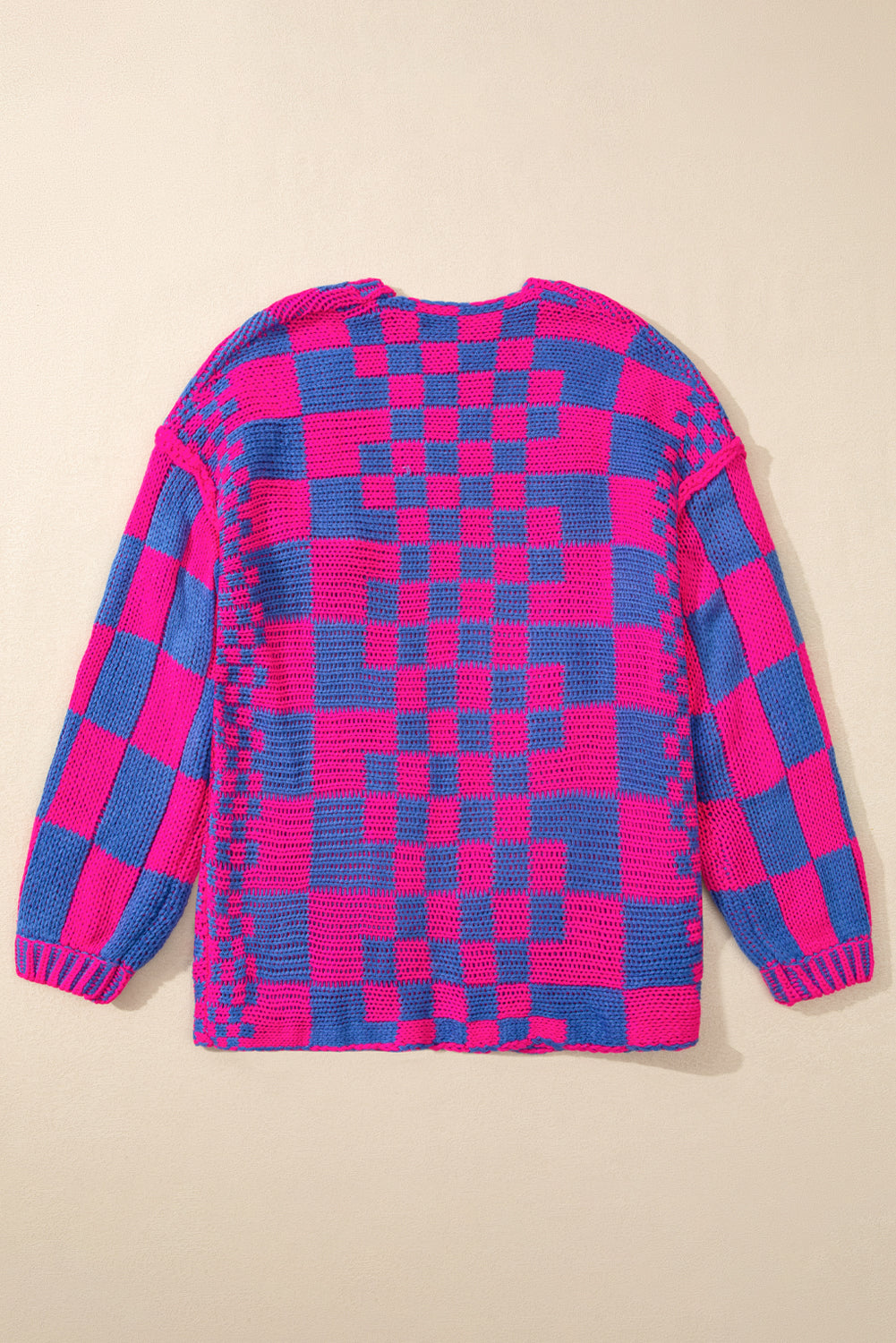 Magenta Colorblock Checked Open Front Knitted Cardigan