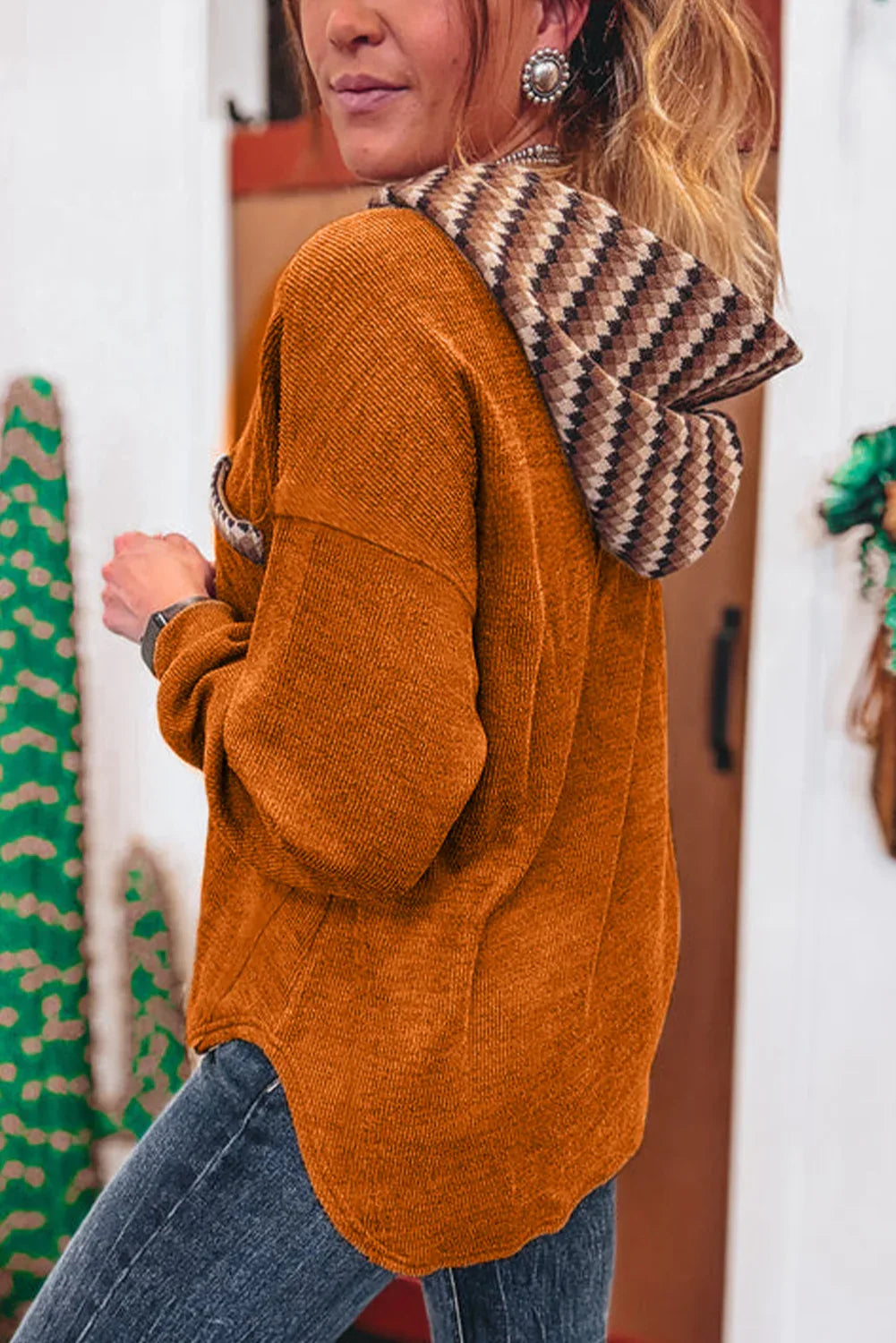 Colorblock Plaid Hooded Henley Shewin Sweatshirts & Hoodies