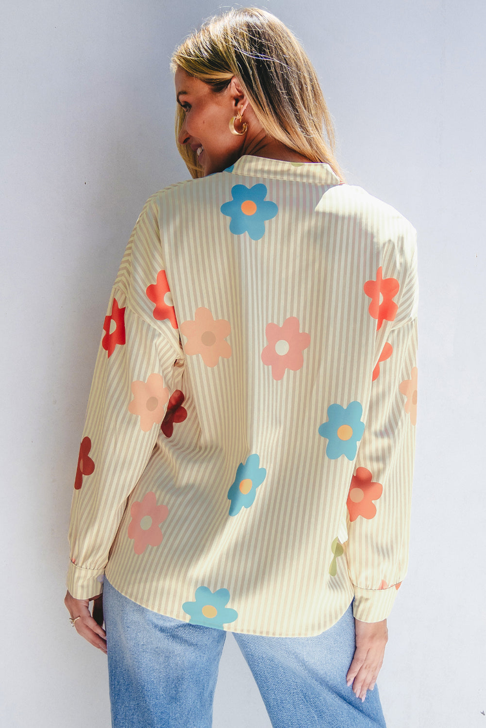 Apricot Stripe Flower Print Collarless Button-up Loose Fit Shirt