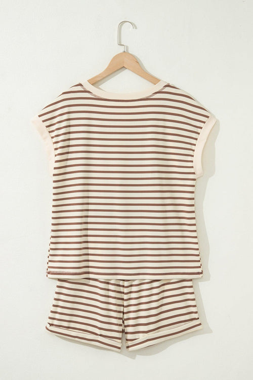 Brown Stripe Half Buttons Top and Shorts Set Dear-Lover Dropshipping Two Piece Sets/Short Sets