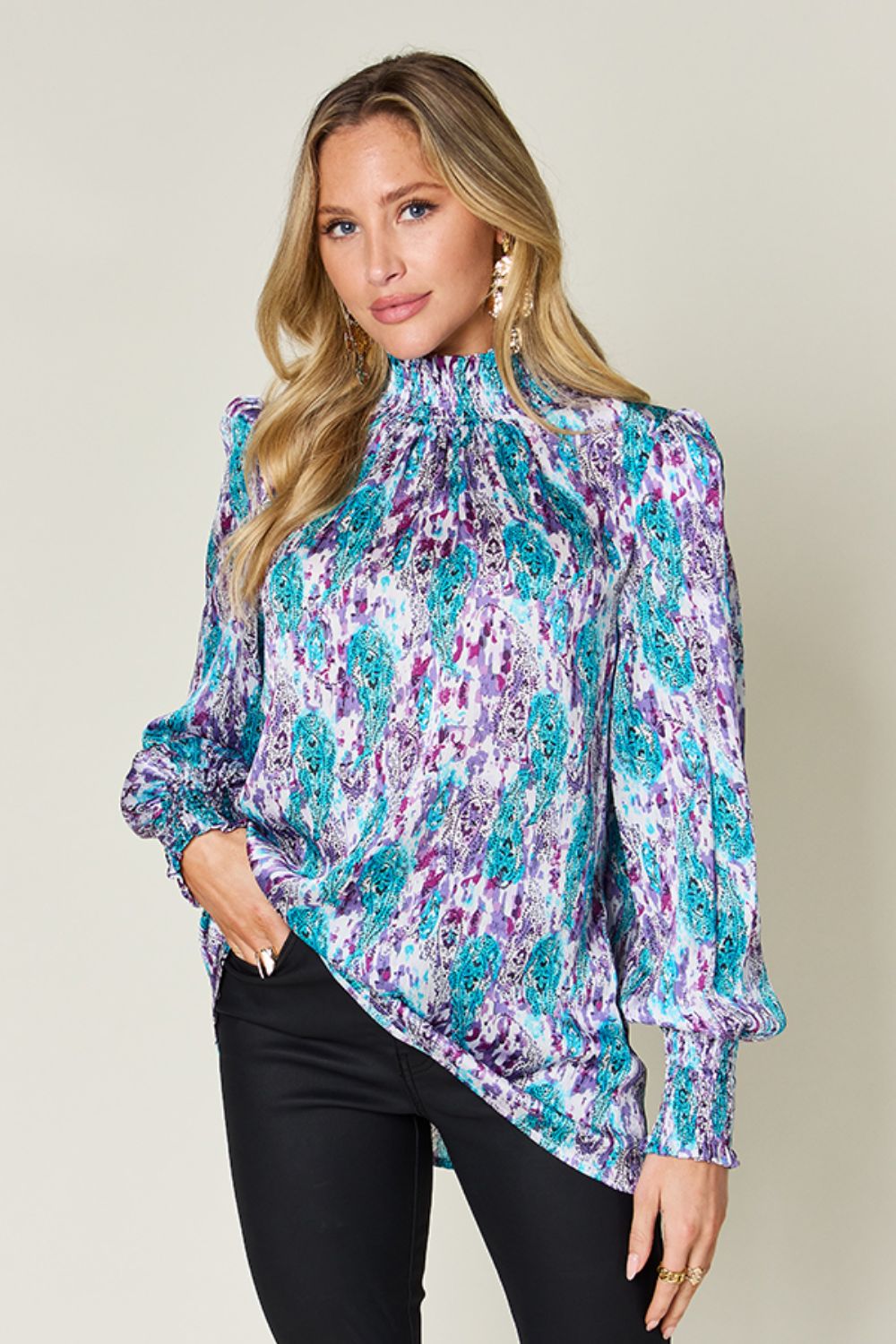 Abstract Smocked High Neck Long Sleeve Blouse