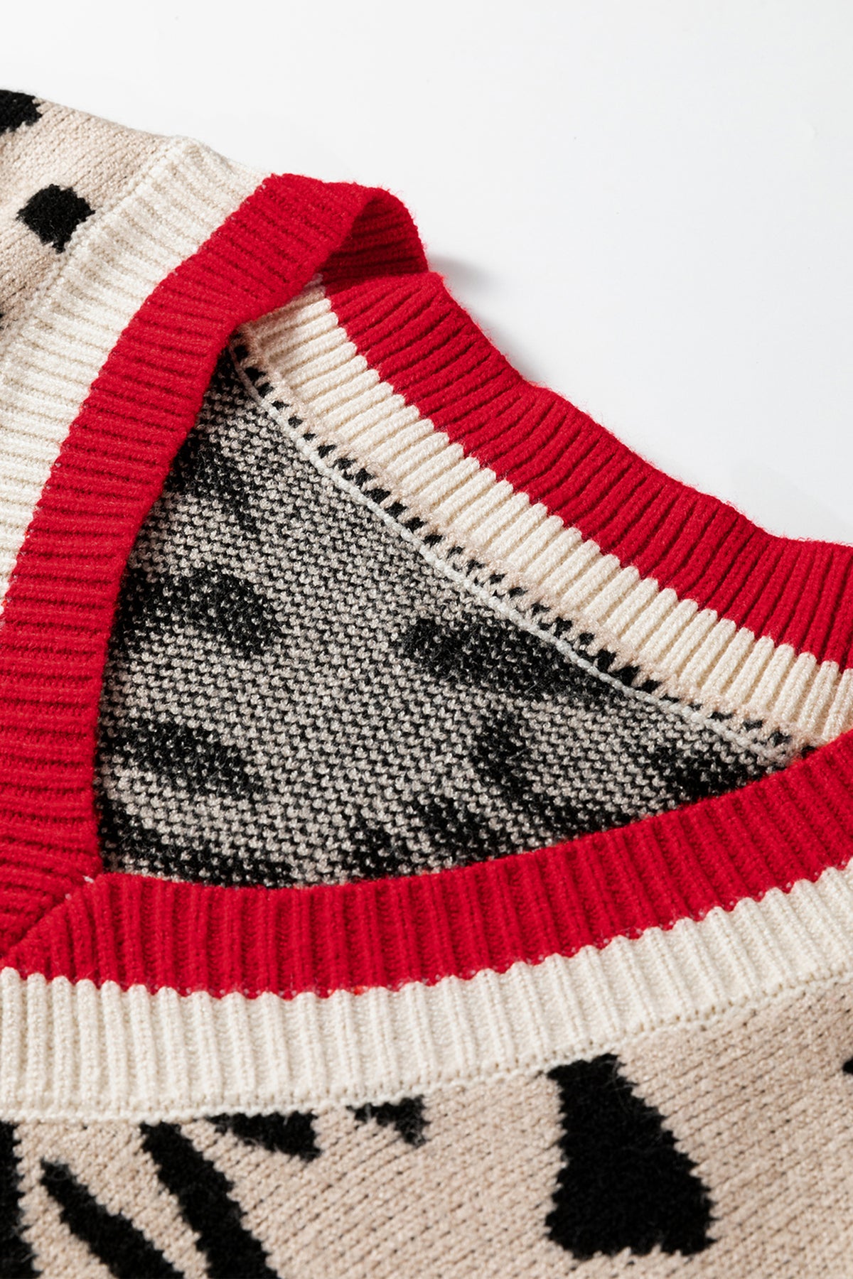 Khaki Leopard Pattern V-Neck Contrast Rib Knitted Sweater