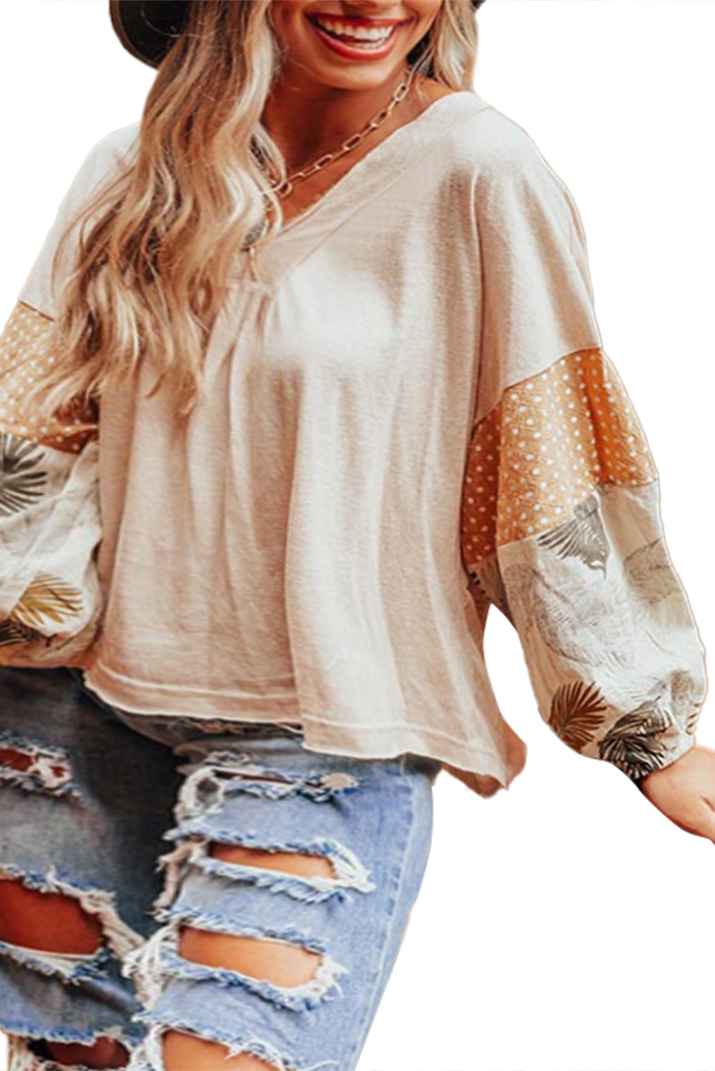 Puff Sleeve Patchwork V Neck Loose Blouse