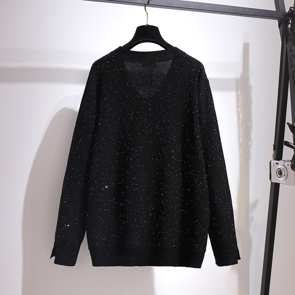 Sparkly V-neck Sweater and Velvet Skirt