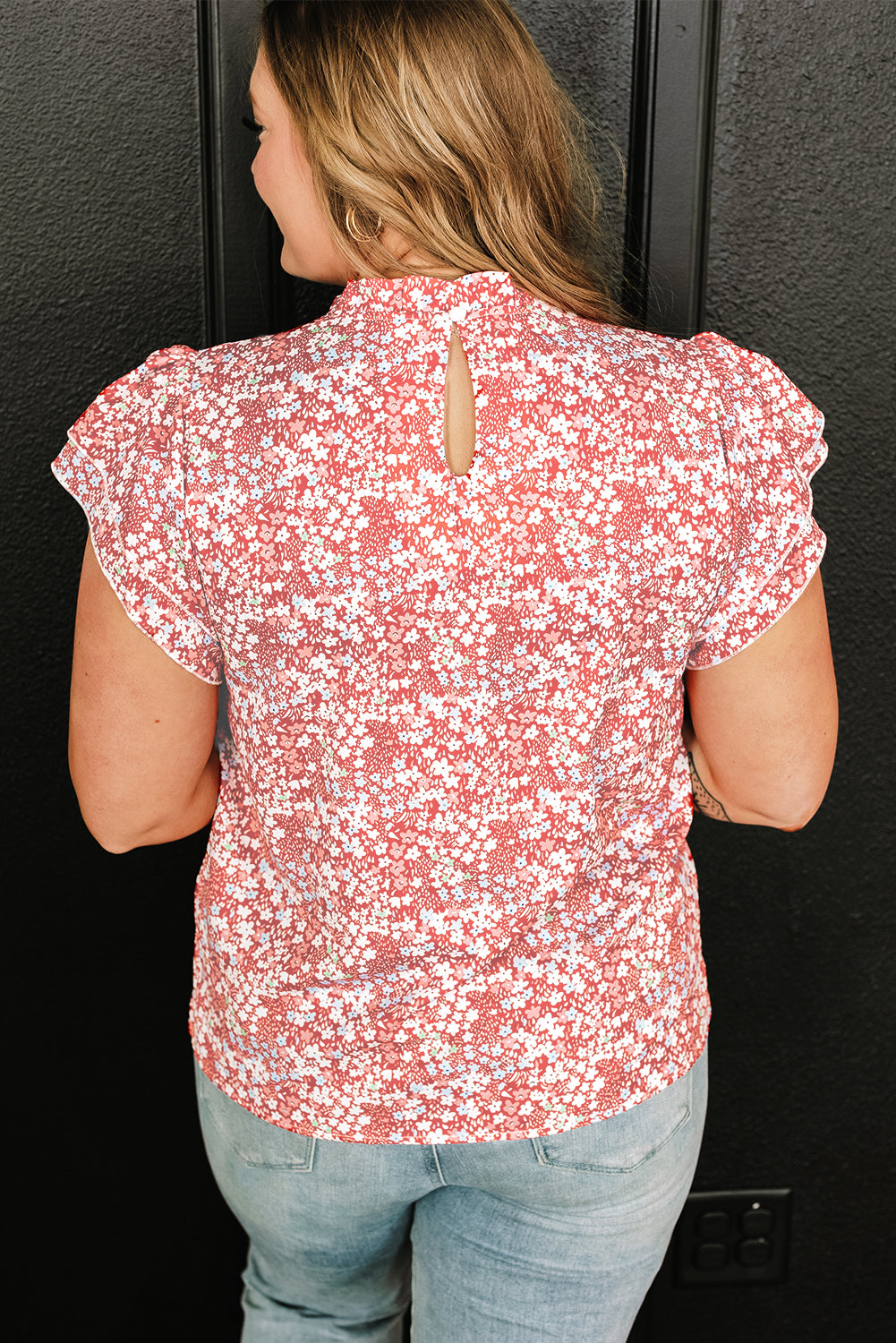 Pink Floral Ruffled Sleeve Frilled Neck Blouse