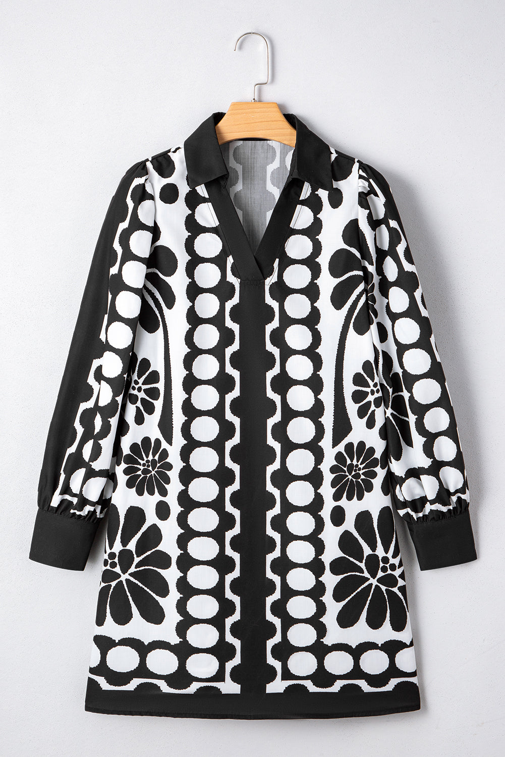 B&W Mixed Print V Neck Puff Sleeve Mini Dress