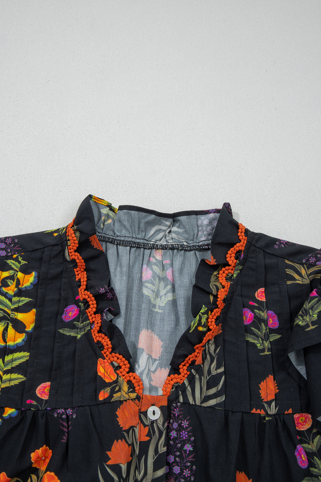 Black Floral Print Lace Trim Frilled V Neck Short Sleeve Shirt Shewin Blouses & Shirts