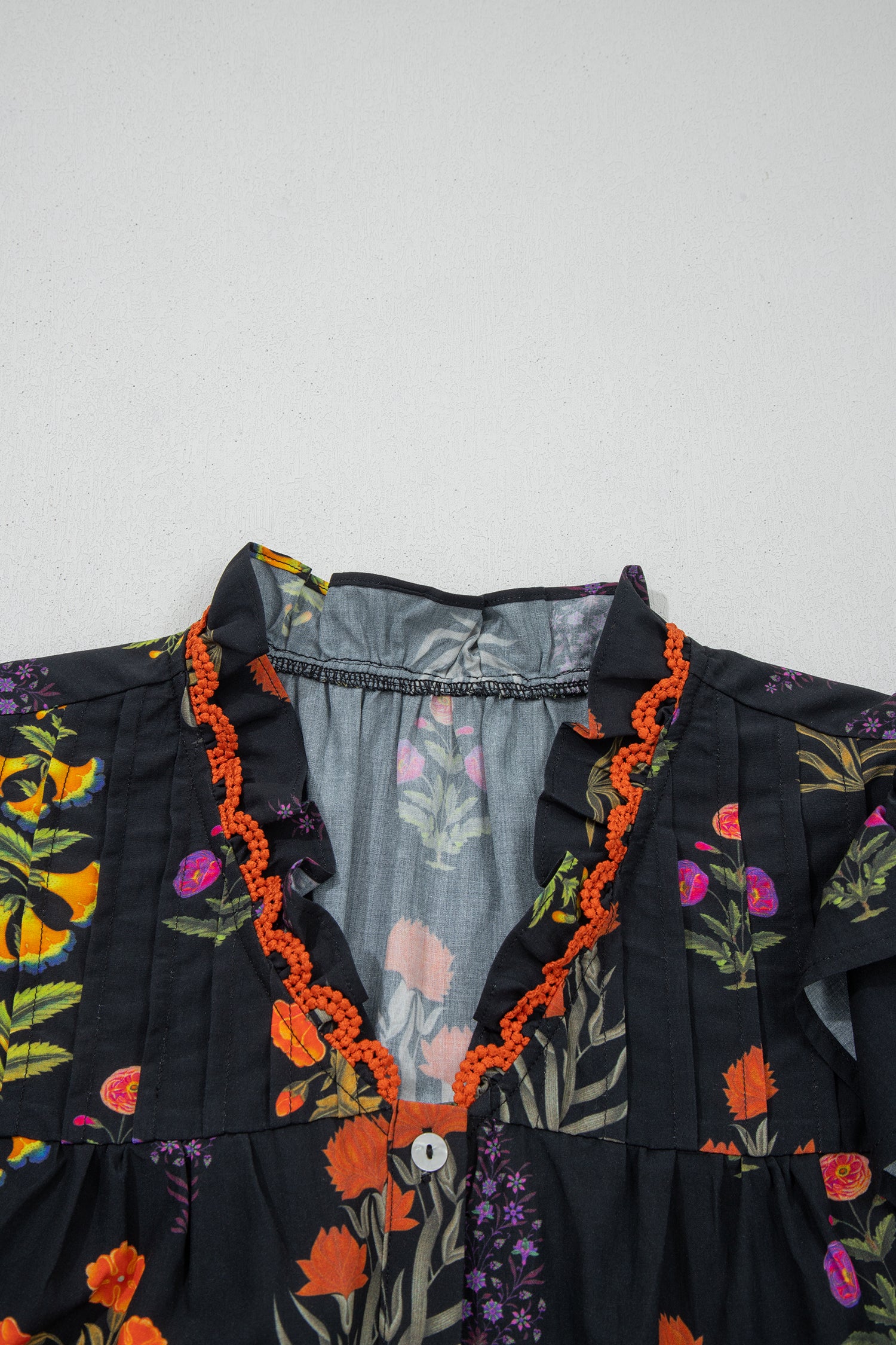 Black Floral Print Lace Trim Frilled V Neck Short Sleeve Shirt Shewin Blouses & Shirts