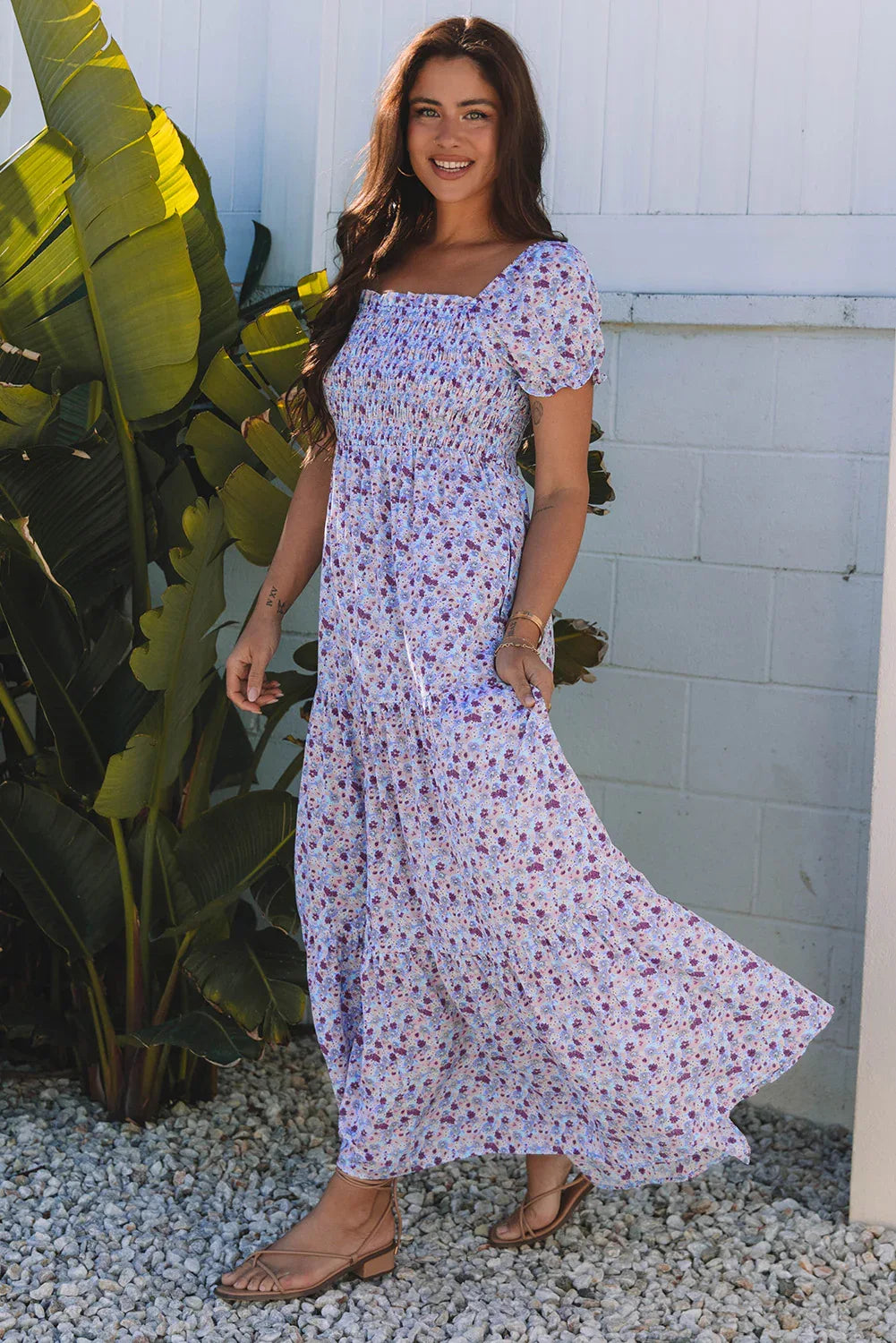 Purple Floral Short Bubble Sleeve Shirred High Waist Maxi Dress Bazaare Mart Dresses/Maxi Dresses