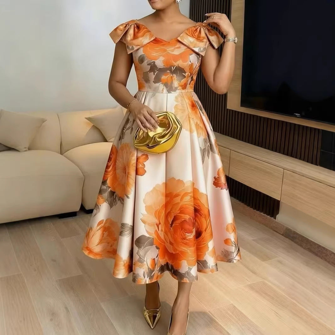French Retro Blossom Print Dress With Swing Skirt Orange Red CJ Dropshipping Sleeveless Party Dress