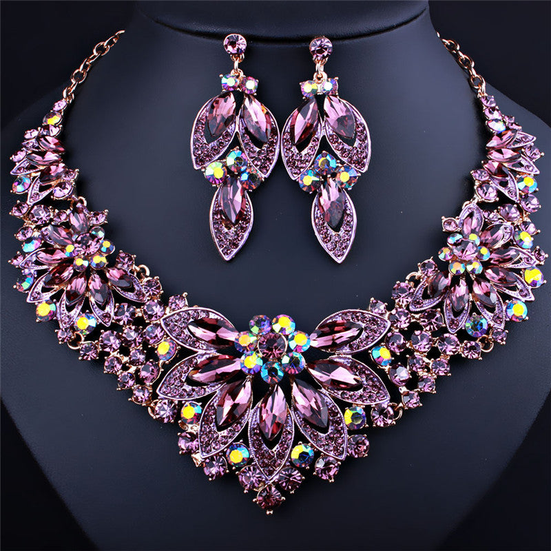 Crystal Rhinestone Flower Statement Necklace Earrings Two-Piece Set