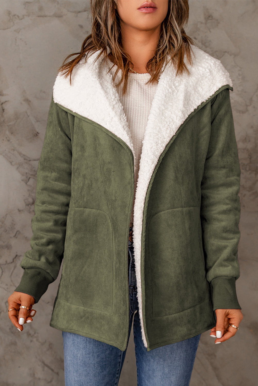 Green Faux Suede Fleece Lined Jacket