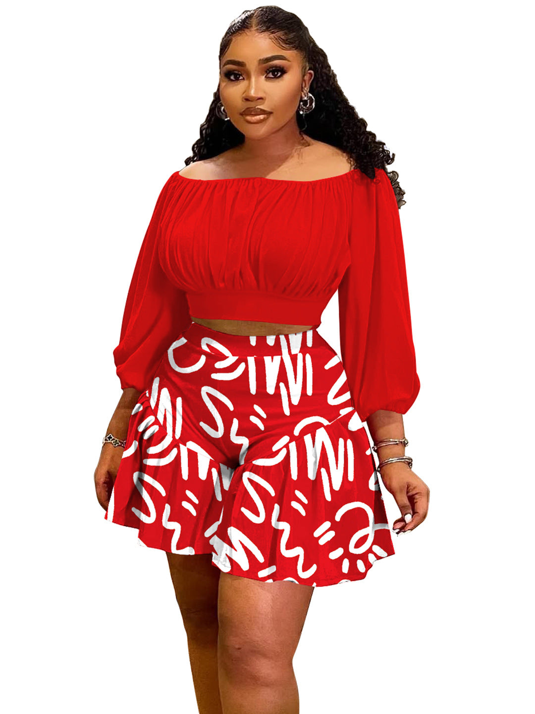 Plus Size Puff Sleeve Two-Piece Set – Off-Shoulder Crop Top & Wide Leg Shorts Outfit Red CJ Dropshipping Plus Size Off Shoulder 2pc Shorts Set